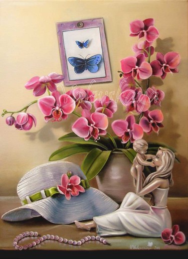 Картина под названием "Orchid and hat.  Ор…" - Valentina Valevskaya, Подлинное произведение искусства, Масло