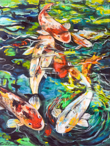Painting titled "Poissons Japonais" by Valentine Costes Art, Original Artwork, Oil Mounted on Wood Stretcher frame