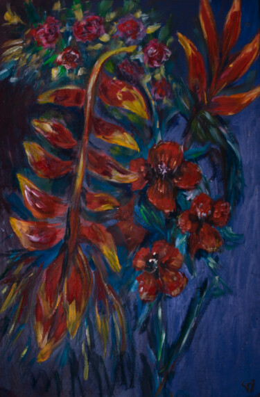 Painting titled "Heliconias et fleur…" by Valeria Jaramillo, Original Artwork, Acrylic