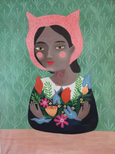 Pintura intitulada "Capota rosa. Retrat…" por Valeria Cis, Obras de arte originais, Acrílico