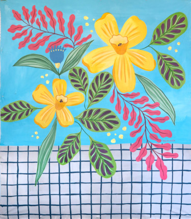 Malerei mit dem Titel "Flor amarilla fondo…" von Valeria Cis, Original-Kunstwerk, Acryl