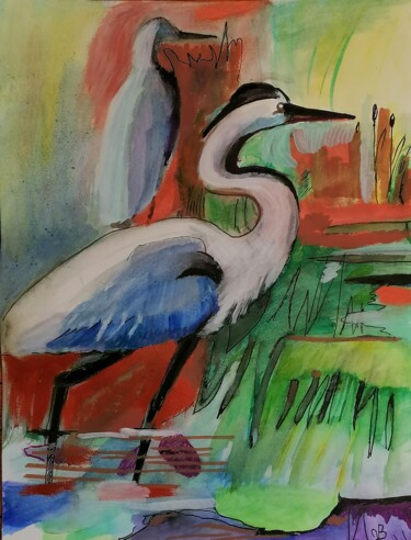 Peinture intitulée "Hérons" par Valérie Blum (Valery), Œuvre d'art originale, Aquarelle