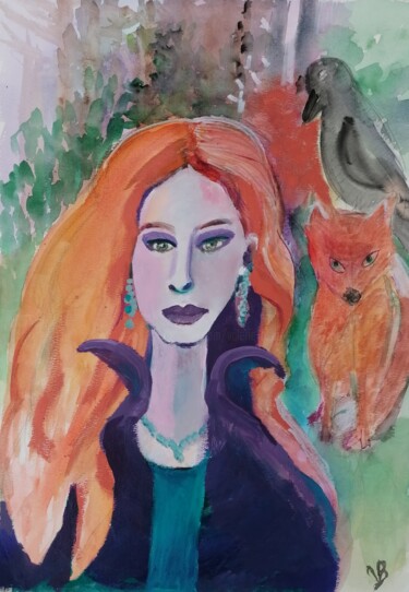 Painting titled "Fée de la forêt" by Valérie Blum (Valery), Original Artwork, Watercolor