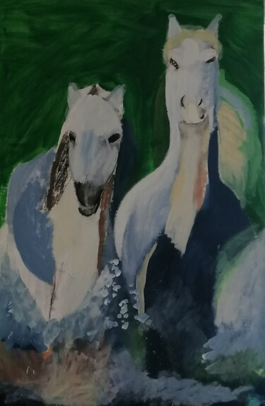 Peinture intitulée "Chevaux camarguais" par Valérie Blum (Valery), Œuvre d'art originale, Acrylique