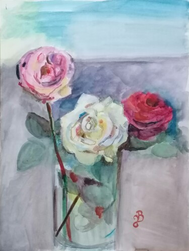 Malerei mit dem Titel "Les 3 roses" von Valérie Blum (Valery), Original-Kunstwerk, Aquarell