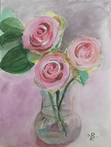 Drawing titled "Les trois roses" by Valérie Blum (Valery), Original Artwork, Watercolor
