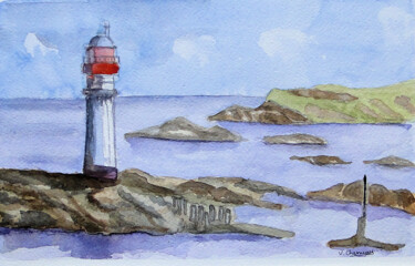 Painting titled "Le phare de Cézembre" by Valérie Charneau, Original Artwork, Watercolor Mounted on Cardboard