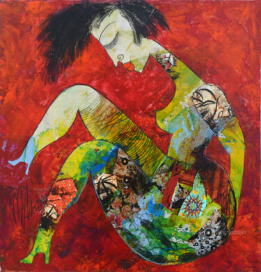 Painting titled "femme sur fond roug…" by Valérie Depadova, Original Artwork, Acrylic
