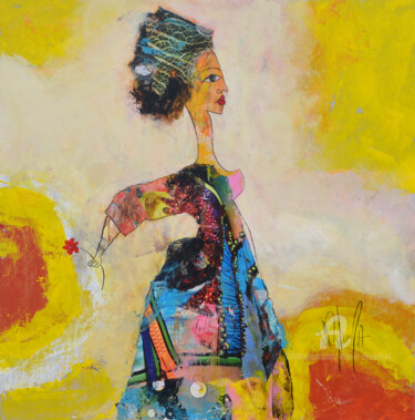 Schilderij getiteld "Femme sur fond jaune" door Valérie Depadova, Origineel Kunstwerk, Acryl