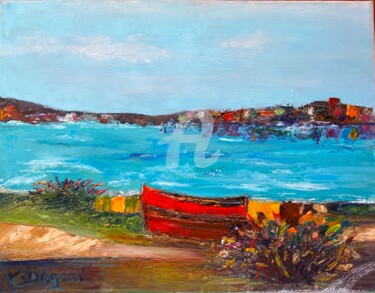 Painting titled "La barque rouge" by Valerie Dragacci, Original Artwork, Oil