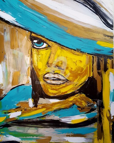 Painting titled ""La femme au chapea…" by Valérie Guerinoni, Original Artwork, Acrylic Mounted on Wood Stretcher frame