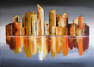 Painting titled "City W" by Valérie Lamarre, Original Artwork, Acrylic Mounted on Wood Stretcher frame