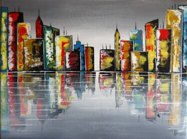 Painting titled "City B" by Valérie Lamarre, Original Artwork, Acrylic Mounted on Wood Stretcher frame