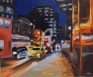 Painting titled "London street night" by Valérie Le Meur, Original Artwork, Acrylic Mounted on Wood Stretcher frame
