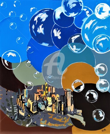 「Escaping the city」というタイトルの絵画 Valérie Le Meurによって, オリジナルのアートワーク, アクリル ウッドストレッチャーフレームにマウント