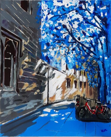 Schilderij getiteld "Blue Cambridge" door Valérie Le Meur, Origineel Kunstwerk, Acryl Gemonteerd op Frame voor houten branca…