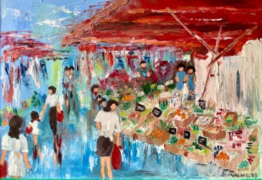 Pintura intitulada "Jour de marché à ÉV…" por Valérie Morin, Obras de arte originais, Óleo