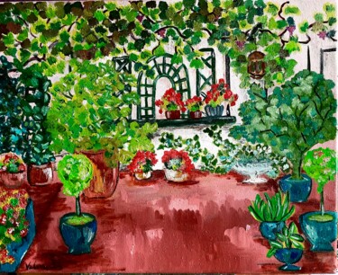 Painting titled "Le Patio" by Valérie Morin, Original Artwork, Oil Mounted on Wood Stretcher frame