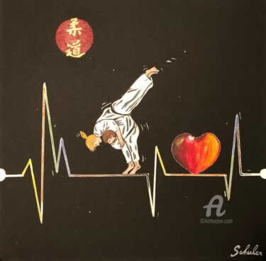 Schilderij getiteld "I love judo J’aime…" door Valérie Schuler, Origineel Kunstwerk, Acryl Gemonteerd op Frame voor houten b…