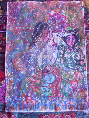 Pintura intitulada "Flores y mujer , pe…" por Valerie Guiot, Obras de arte originais, Guache