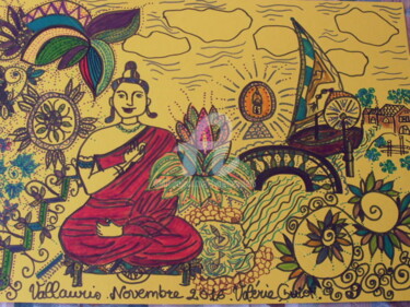 Tekening getiteld "ESCALE AU NEPAL." door Valerie Guiot, Origineel Kunstwerk, Marker