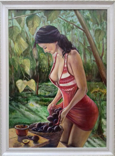 Malerei mit dem Titel "Girl and plums" von Valerii Radzikhovskyi, Original-Kunstwerk, Öl