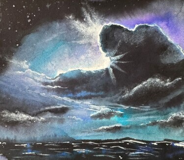 Painting titled "The night sea" by Valeriia Prasol, Original Artwork, Watercolor