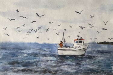 Painting titled "Sea hunting" by Valeriia Prasol, Original Artwork, Watercolor