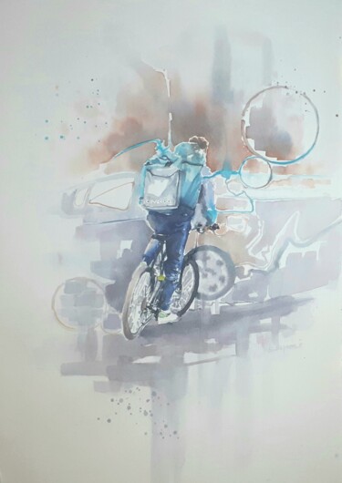 Pintura intitulada ""Biker I"" por Valerio Scarapazzi, Obras de arte originais, Aquarela