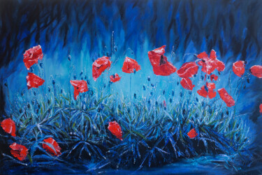 Peinture intitulée "Red poppies on blue…" par Valeryia Plociennik, Œuvre d'art originale, Huile