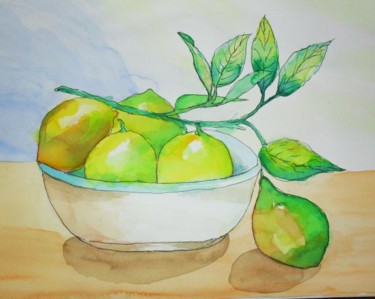 Painting titled "Citrons vert" by Vall, Original Artwork, Watercolor