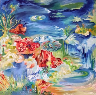 Peinture intitulée ""Déambulations aqua…" par Pascale Fleury-Vallée, Œuvre d'art originale, Huile Monté sur Châssis en bois