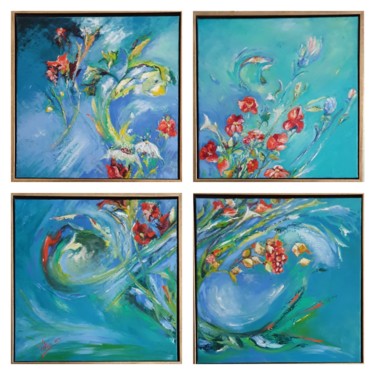 Painting titled ""Explosion florale"" by Pascale Fleury-Vallée, Original Artwork, Oil Mounted on Wood Stretcher frame