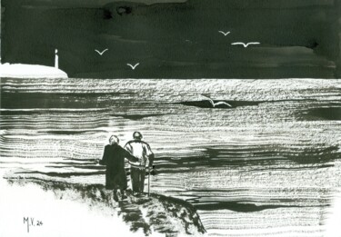 Tekening getiteld "Couple devant la mer" door Michel Van Den Bogaerde, Origineel Kunstwerk, Inkt