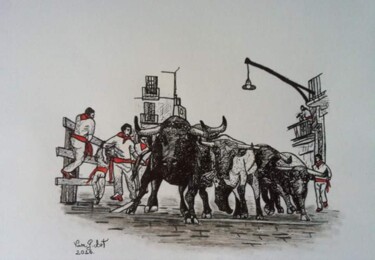 Zeichnungen mit dem Titel "San Fermin 4" von Vanessa Garcia Artunedo, Original-Kunstwerk, Gel Stift