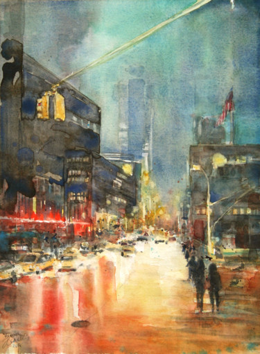 Painting titled "New York by Night" by Vanessa Renoux, Original Artwork, Watercolor