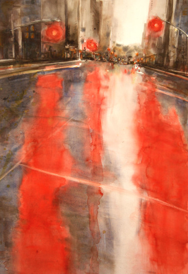 Schilderij getiteld "Red Rain - Aquarell…" door Vanessa Renoux, Origineel Kunstwerk, Aquarel