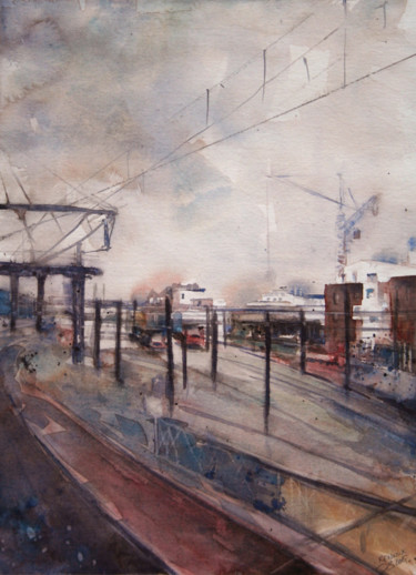Pintura intitulada "Station de triage -…" por Vanessa Renoux, Obras de arte originais, Aquarela