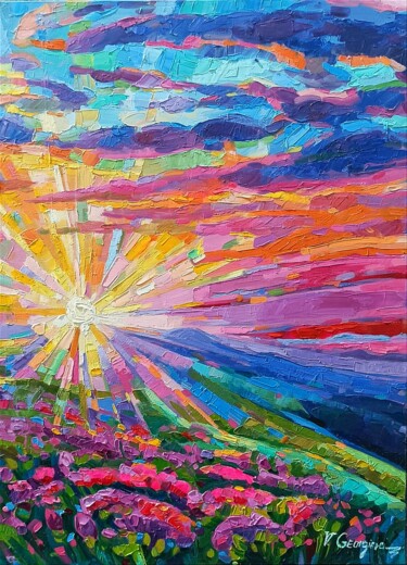 「Sunset in the Mount…」というタイトルの絵画 Vanya Georgievaによって, オリジナルのアートワーク, オイル ウッドストレッチャーフレームにマウント