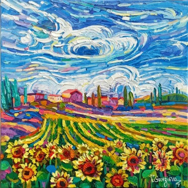 Pittura intitolato "Sunflowers in the d…" da Vanya Georgieva, Opera d'arte originale, Olio Montato su Telaio per barella in…