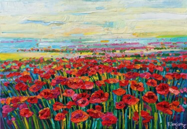 제목이 "Poppies field in th…"인 미술작품 Vanya Georgieva로, 원작, 기름 나무 들것 프레임에 장착됨