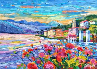 Painting titled "Geraniums at lake C…" by Vanya Georgieva, Original Artwork, Oil Mounted on Wood Stretcher frame