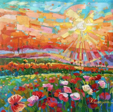 Painting titled "Poppies field 7" by Vanya Georgieva, Original Artwork, Oil Mounted on Wood Stretcher frame