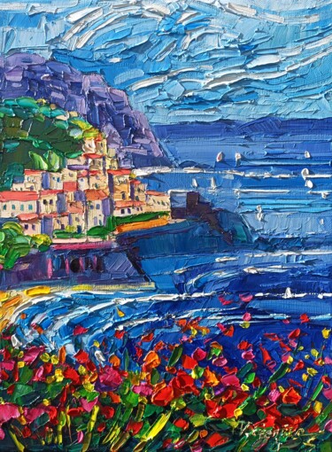 Painting titled "Sunny Day in Amalfi" by Vanya Georgieva, Original Artwork, Oil Mounted on Wood Stretcher frame