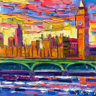 Schilderij getiteld "Londra sunset" door Vanya Georgieva, Origineel Kunstwerk, Olie Gemonteerd op Frame voor houten brancard