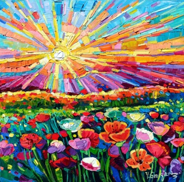 Painting titled "Poppies field 4" by Vanya Georgieva, Original Artwork, Oil Mounted on Wood Stretcher frame