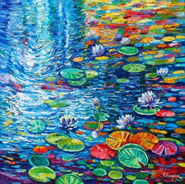 Painting titled "Water lilies reflec…" by Vanya Georgieva, Original Artwork, Oil Mounted on Wood Stretcher frame