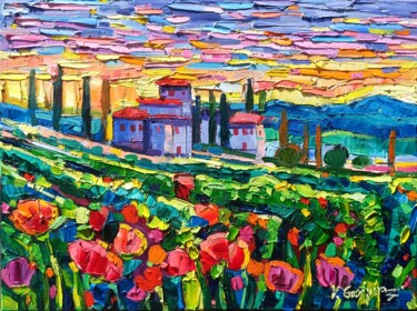 Painting titled "Vineyards in Tuscany" by Vanya Georgieva, Original Artwork, Oil Mounted on Wood Stretcher frame