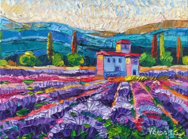 Painting titled "Lavender fields in…" by Vanya Georgieva, Original Artwork, Oil Mounted on Wood Stretcher frame