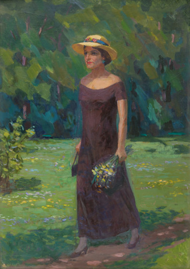 Картина под названием "A lady in straw hat" - Vasiliy Strigin, Подлинное произведение искусства, Масло